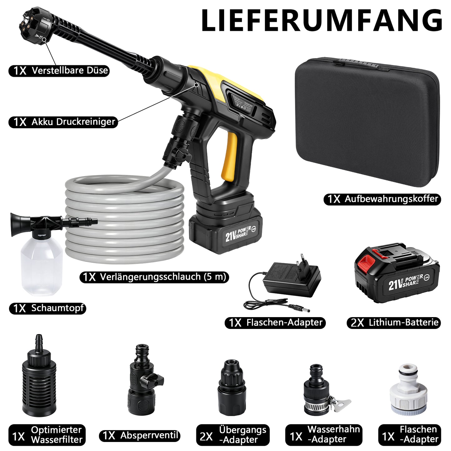 Irondelic Akku-Hochdruckreiniger 21V Set mit 2x 4.0Ah Akkus | 45 bar Tragbare Akku-Waschpistole | 6-in-1 Düse & Selbstansaugend im Koffer - Irondelic