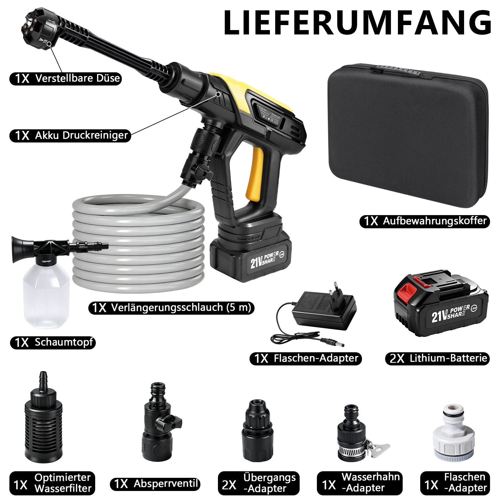 Irondelic Akku-Hochdruckreiniger 21V Set mit 2x 4.0Ah Akkus | 45 bar Tragbare Akku-Waschpistole | 6-in-1 Düse & Selbstansaugend im Koffer - Irondelic