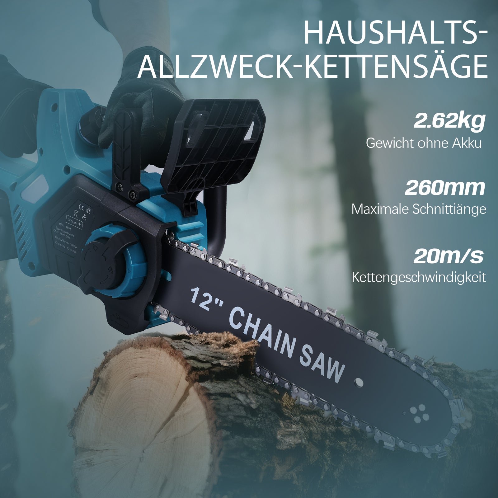 Akku Kettensäge 12 Zoll, 20 m/s, 2x 4Ah Akku, 1000W bürstenlos, automatische Kettenspannung, kabellos, leistungsstark und handlich - Irondelic