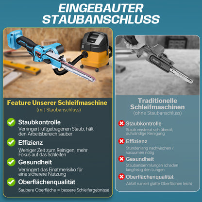 Kabelloser Mini-Bandschleifer mit 6 Geschwindigkeiten, 9/13mm Schleifband, Staubanschluss und 2×2Ah Akku – Präzises Schleifen für Holz und Metall - Irondelic