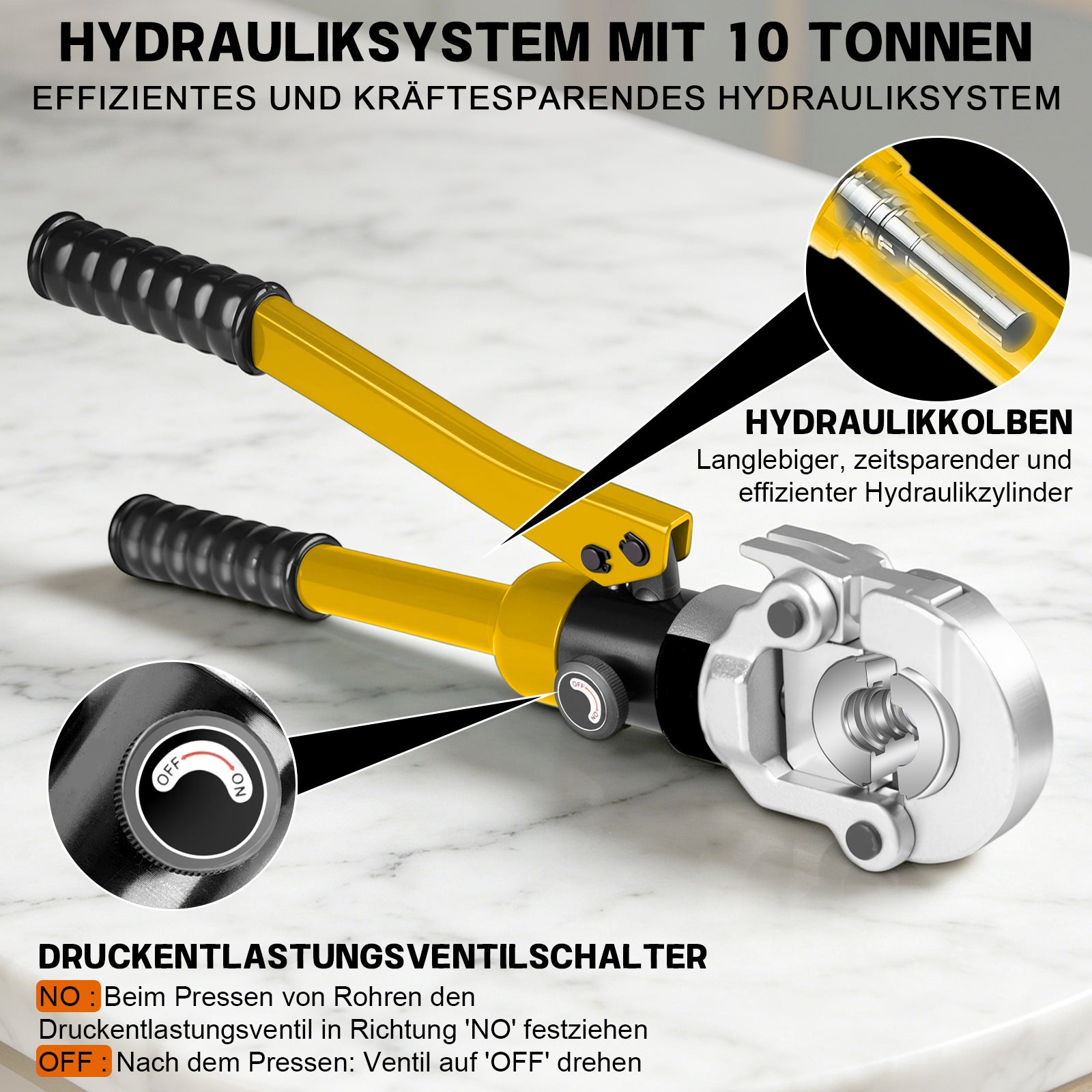 Irondelic 100kN Hydraulische Presszange Set V/TH | Rohrpresszange für Kupfer & PEX Verbundrohr | Profi Presswerkzeug mit Rohrabschneider im Koffer - Irondelic