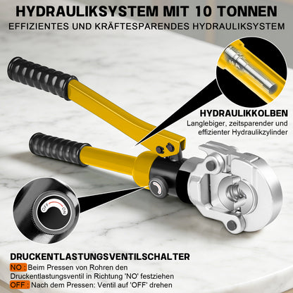 Irondelic 100kN Hydraulische Presszange Set V/TH | Rohrpresszange für Kupfer & PEX Verbundrohr | Profi Presswerkzeug mit Rohrabschneider im Koffer