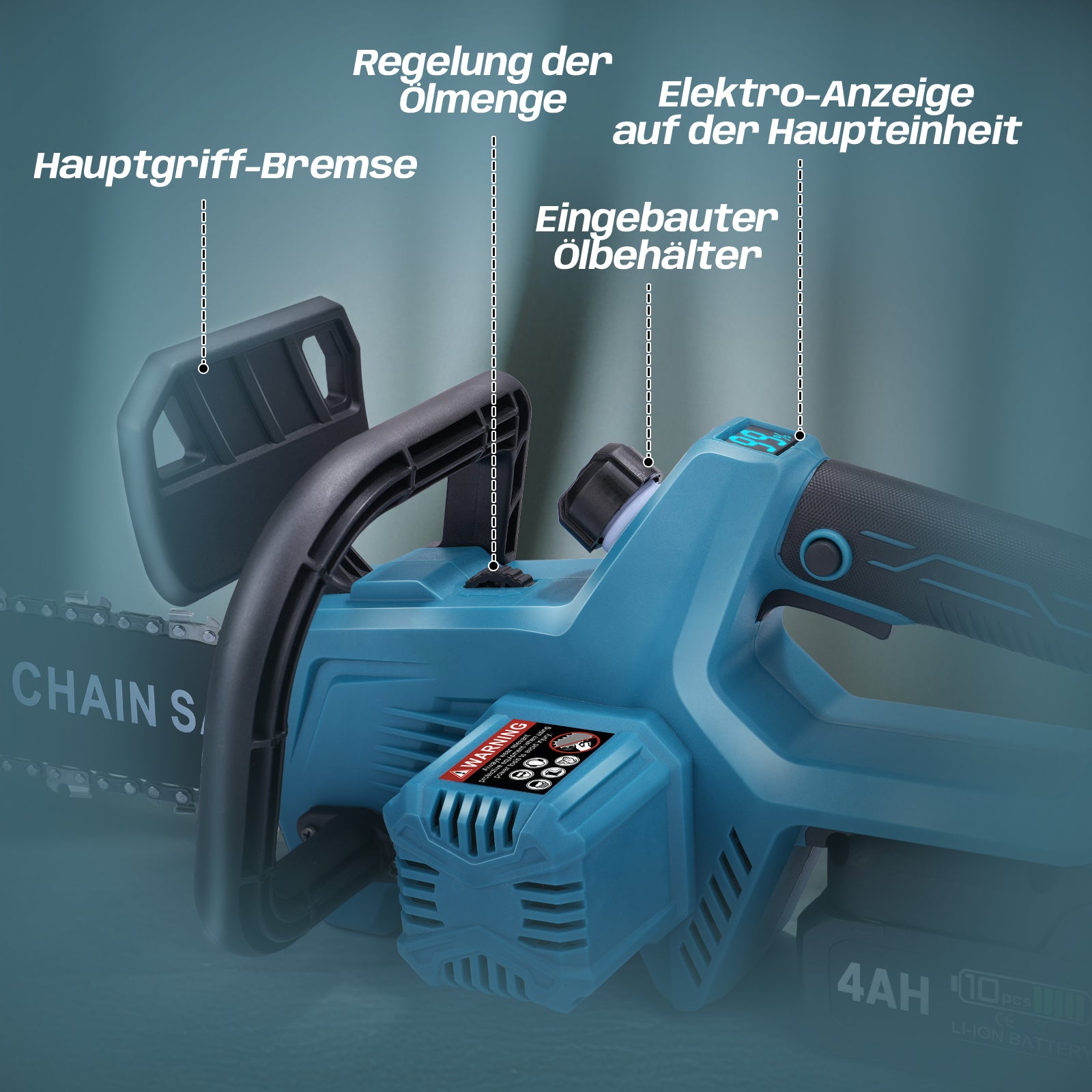 Akku Kettensäge 12 Zoll, 20 m/s, 2x 4Ah Akku, 1000W bürstenlos, automatische Kettenspannung, kabellos, leistungsstark und handlich - Irondelic
