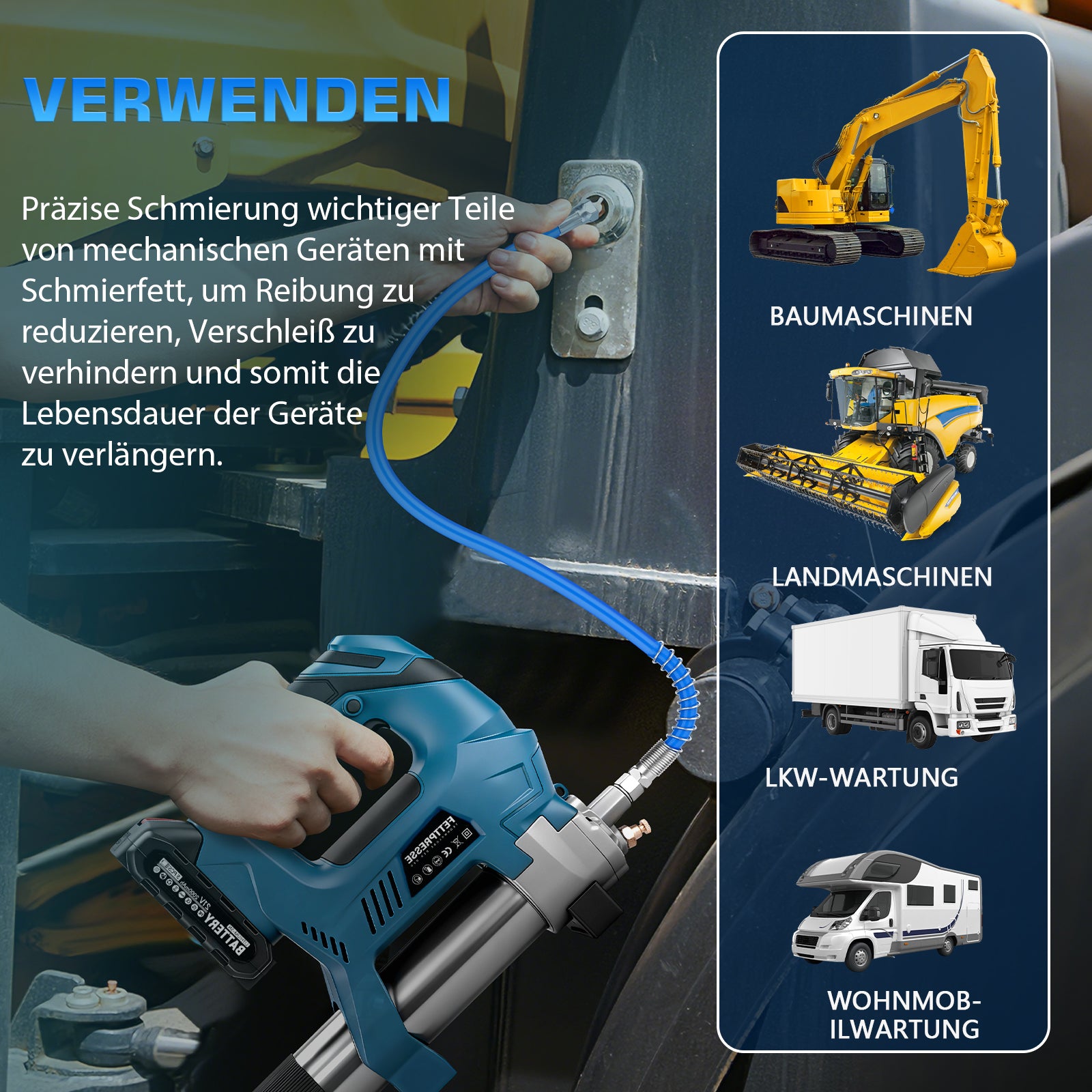 Akku-Fettpresse kabellos 18–21V mit Digitaler Steuerung und 15000 PSI – Präzise Schmierung für Garten- und Maschinenwartung, inklusive 2x2Ah Akkus - undefined