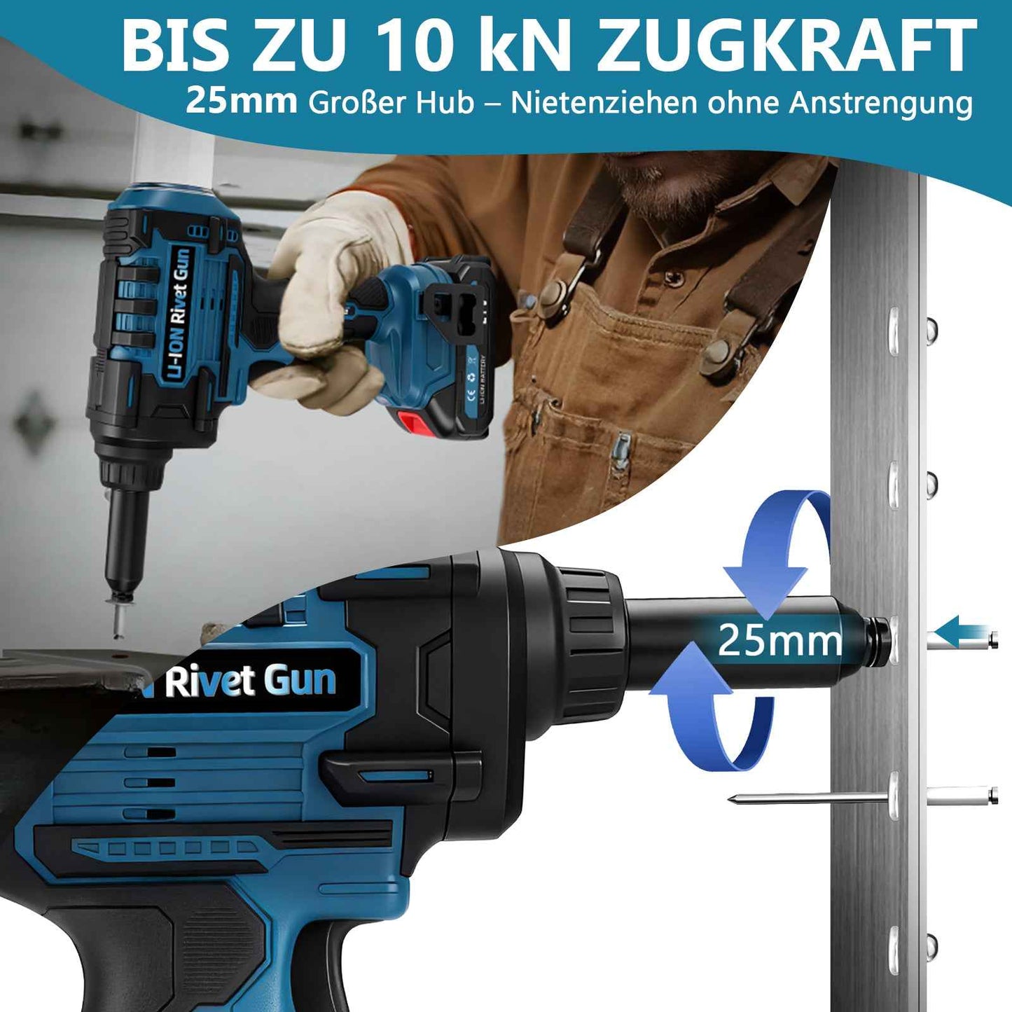 Akku Blindnietgerät 10kN Bürstenlos 2 Akkus Nietpistole 2.4-6.0 mm für Aluminium Stahl Edelstahl Blindnieten Set