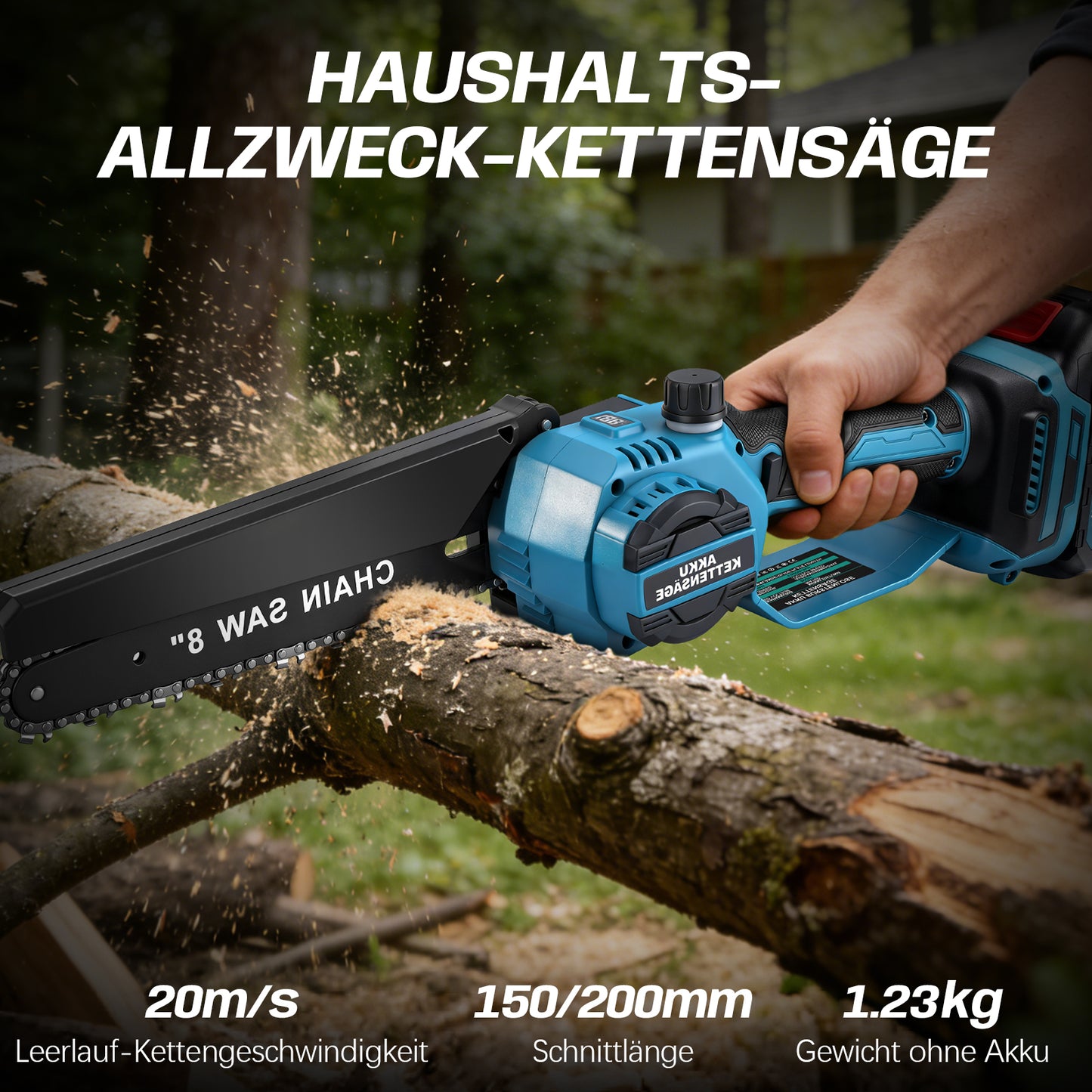 Mini Akku Kettensäge 900W - 6/8 Zoll, 2x 2000mAh Akku, bürstenlos, automatische Kettenspannung, kabellos für müheloses Schneiden - Irondelic