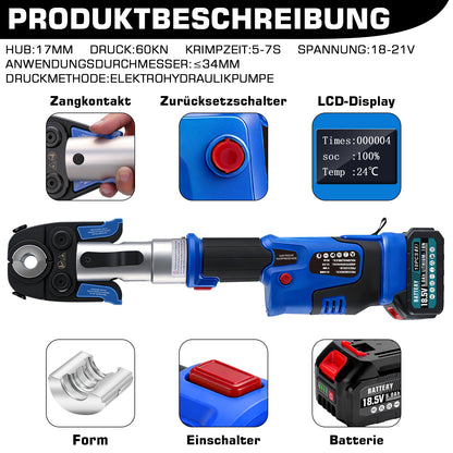 Irondelic Akku Presszange Elektrohydraulisch mit 9 Pressbacken TH & V Profil, 2×5,0Ah Akku für Kupfer-, Edelstahl-, PEX- & Verbundrohre
