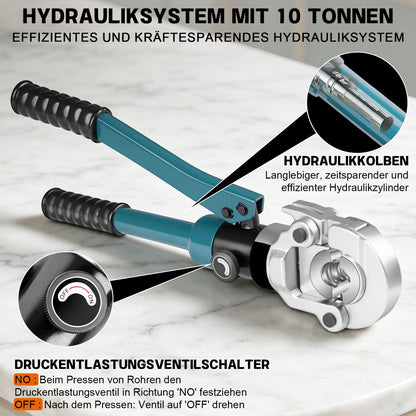 Irondelic 100kN Hydraulische Rohrpresszange Set | V- & TH-Kontur Presszange für Kupfer & PEX | Profi Presswerkzeug mit Rohrabschneider im Koffer