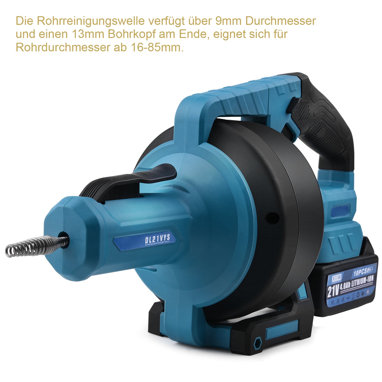 Irondelic 21V Akku-Rohrreinigungsmaschine automatisch | Tragbarer Abflussreiniger 7,6m | Profi Rohrreiniger Set inkl. 2x 4.0Ah Akkus