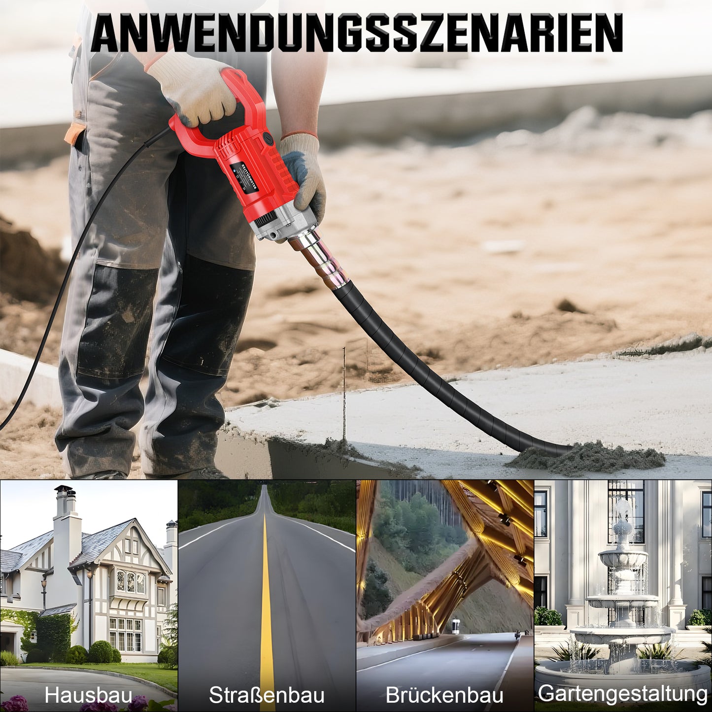 Irondelic 2100W Betonrüttler mit 2m Rüttelflasche Ø38mm | Profi Innenrüttler 220Hz | Starker Flaschenrüttler für Fundamente & Bodenplatten - Irondelic