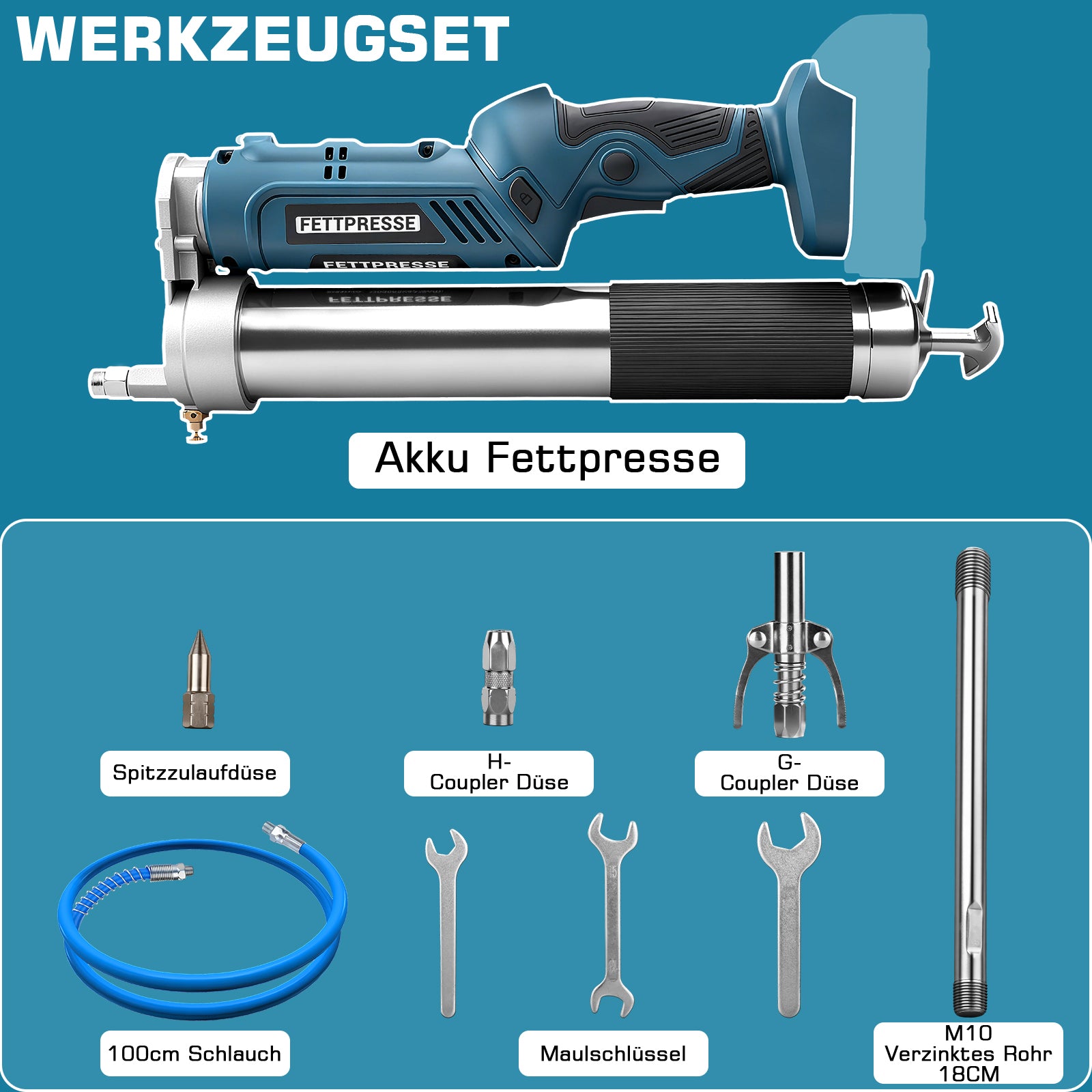 Akku Fettpresse 12000 PSI kabellos mit LED, 2-in-1 Griff, 160 g/min, 18–21V, inkl. 2 Akkus, Ladegerät & Düsen für Auto, Werkstatt & Maschinen kaufen - Irondelic