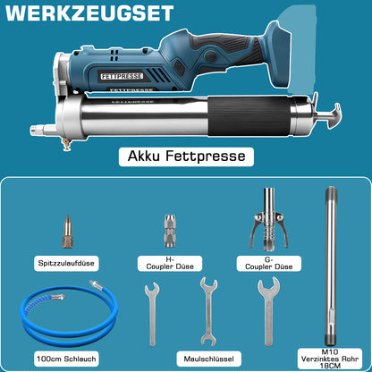 Akku Fettpresse 12000 PSI kabellos mit LED, 2-in-1 Griff, 160 g/min, 18–21V, inkl. 2 Akkus, Ladegerät & Düsen für Auto, Werkstatt & Maschinen kaufen - Irondelic