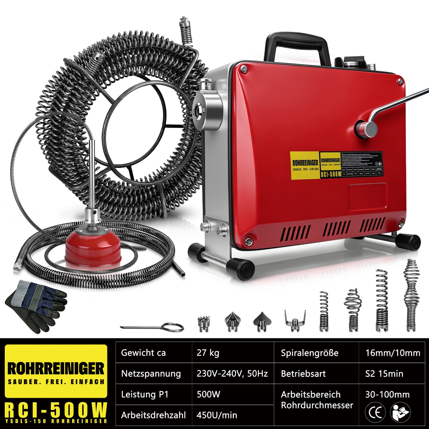 Irondelic 500W Elektrische Rohrreinigungsmaschine Set | Profi Abflussreiniger mit 10mm & 16mm Spiralen | Gewerblicher Rohrreiniger für Ø30-100mm