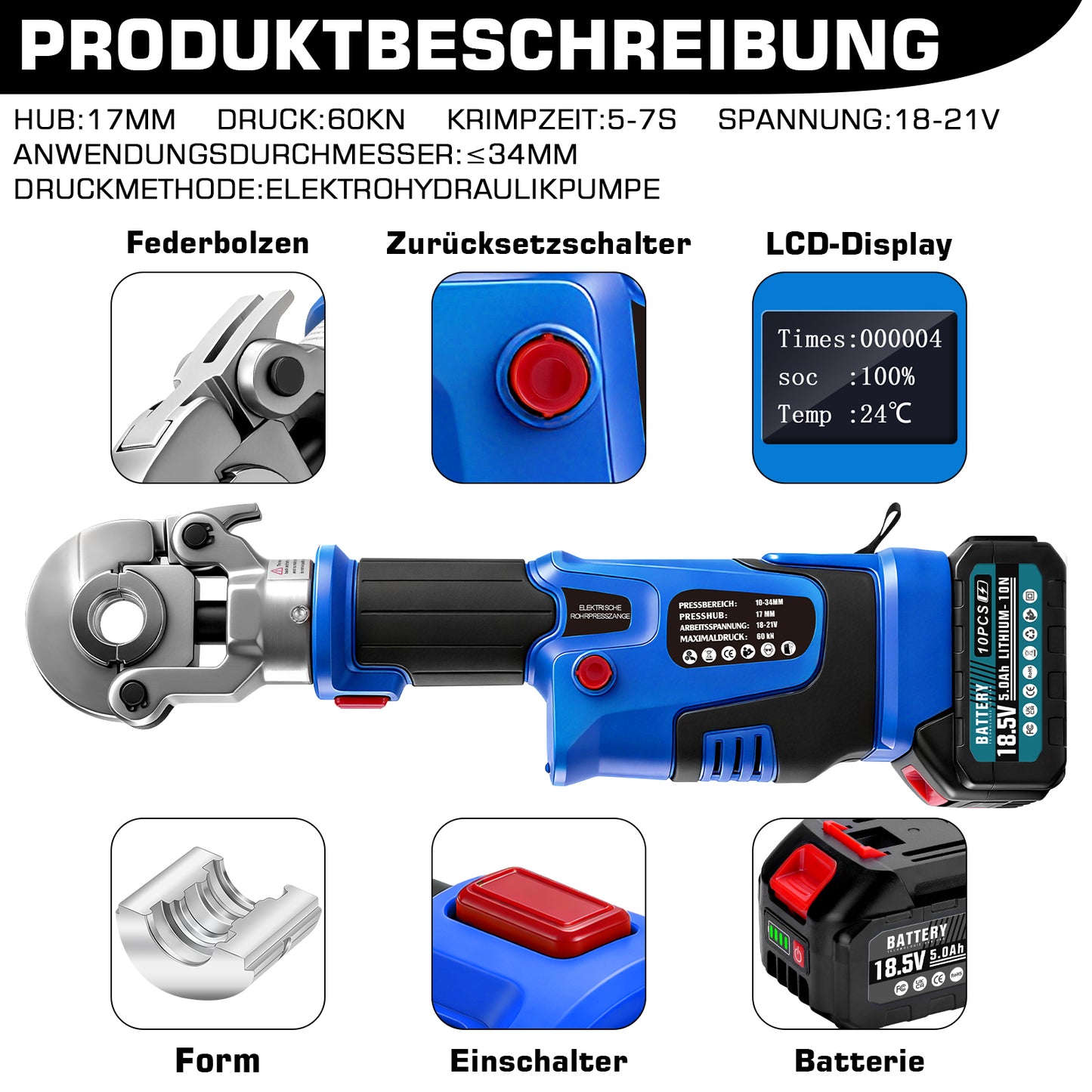 Irondelic Akku Presszange Elektrohydraulisch mit 9 Pressbacken TH & V Profil, 2×5,0Ah Akku, Rohrpresszange für Kupfer-, Edelstahl- & Verbundrohre