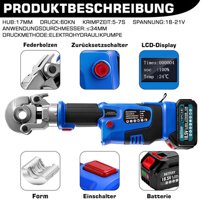 Irondelic Akku Presszange Elektrohydraulisch mit 9 Pressbacken TH & V Profil, 2×5,0Ah Akku, Rohrpresszange für Kupfer-, Edelstahl- & Verbundrohre