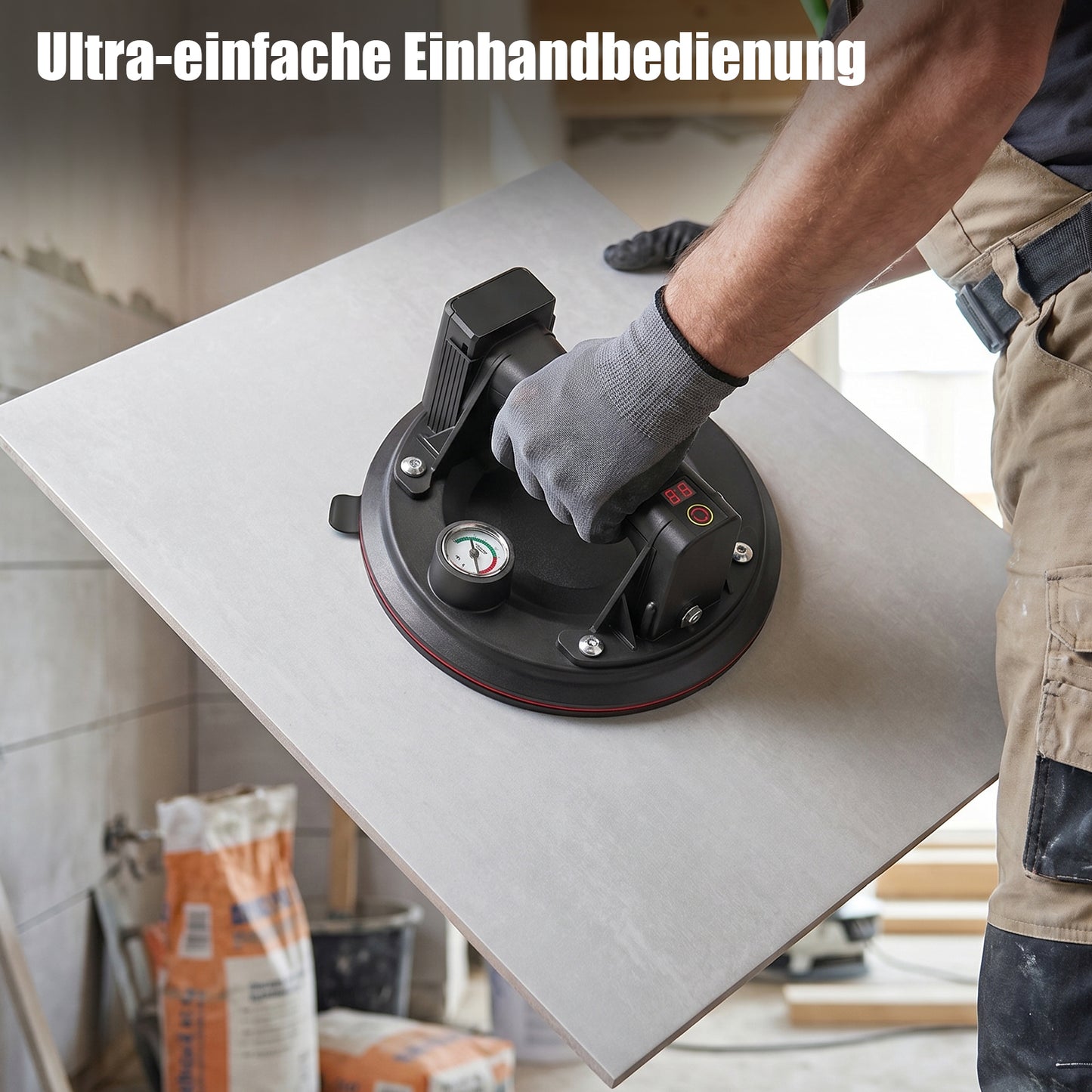 Irondelic Elektrischer Akku-Vakuumheber 12,6V | 300kg Saugkraft Saugheber mit Drucksensor | Automatischer Flaschensaugkopf für Glas & Fliesen - Irondelic
