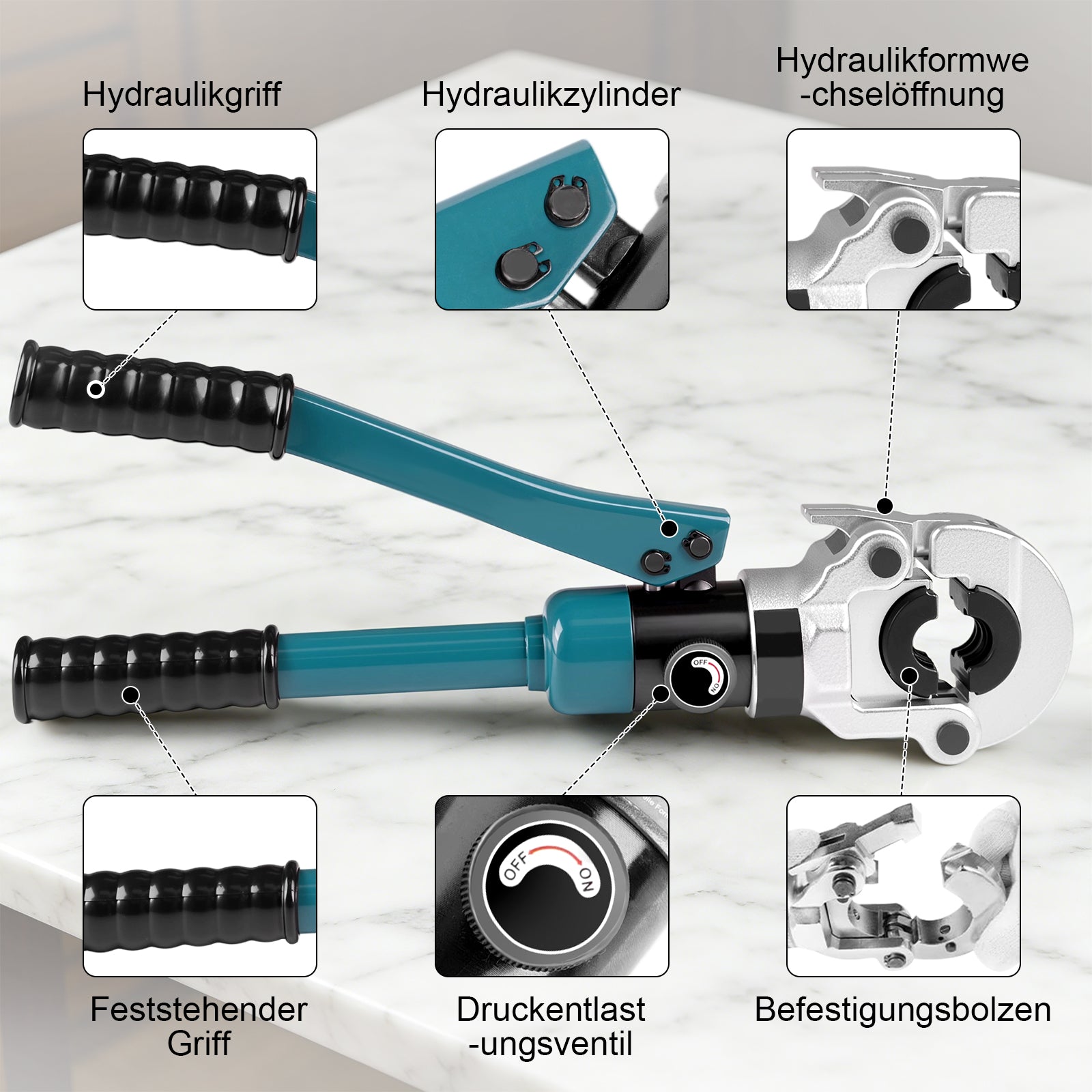 Irondelic 100kN Hydraulische Rohrpresszange Set | TH16-32 Presszange für PEX Verbundrohr | Profi Presswerkzeug mit Rohrabschneider im Koffer - Irondelic