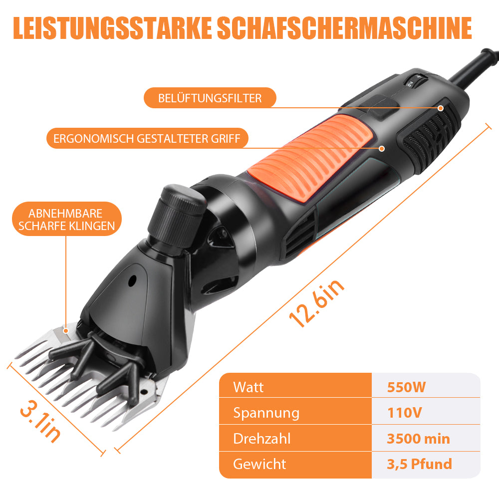 Irondelic 550W Elektrische Schafschermaschine | 6-Gang Schermaschine für Schafe & Hunde | Profi Scherschneide-Set mit 5,5m Kabel & Koffer - Irondelic