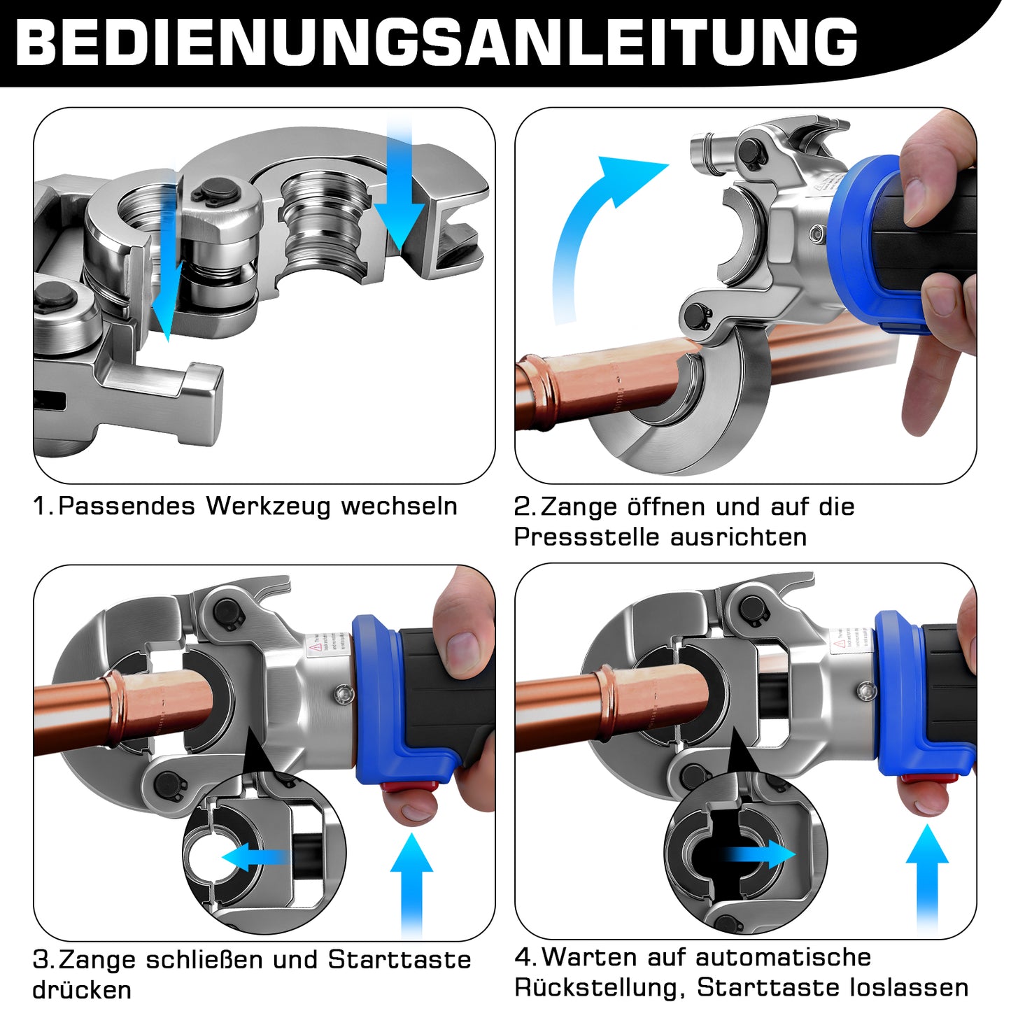 Irondelic Akku Presszange Elektrohydraulisch mit 9 Pressbacken TH & V Profil, 2×5,0Ah Akku, Rohrpresszange für Kupfer-, Edelstahl- & Verbundrohre
