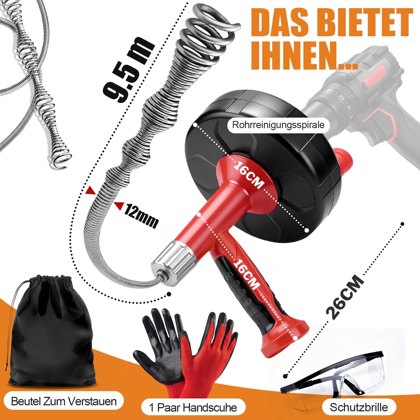 Irondelic Rohrreinigungsspirale 9,5m mit Bohrmaschinen-Antrieb | Manueller & Elektrischer Abflussreiniger für Rohre bis Ø80mm | Rohrreinigungswelle Set - Irondelic