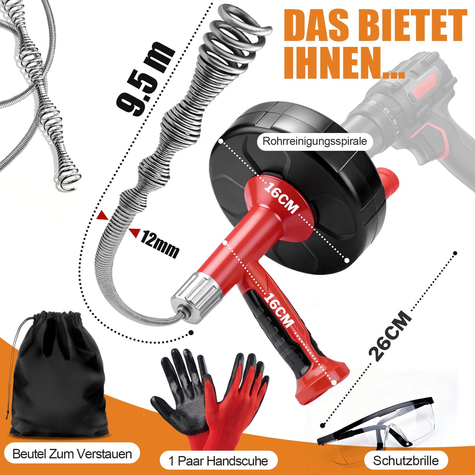 Irondelic Rohrreinigungsspirale 9,5m mit Bohrmaschinen-Antrieb | Manueller & Elektrischer Abflussreiniger für Rohre bis Ø80mm | Rohrreinigungswelle Set - Irondelic
