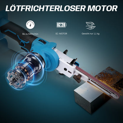 Kabelloser Mini-Bandschleifer mit 6 Geschwindigkeiten, 9/13mm Schleifband, Staubanschluss und 2×2Ah Akku – Präzises Schleifen für Holz und Metall - Irondelic
