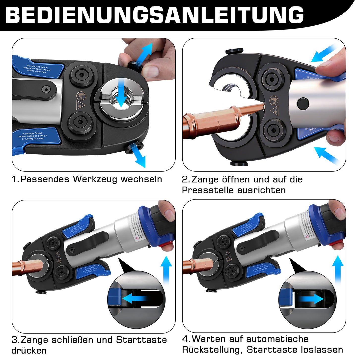 Irondelic Akku Presszange Elektrohydraulisch mit 9 Pressbacken TH & V Profil, 2×5,0Ah Akku für Kupfer-, Edelstahl-, PEX- & Verbundrohre