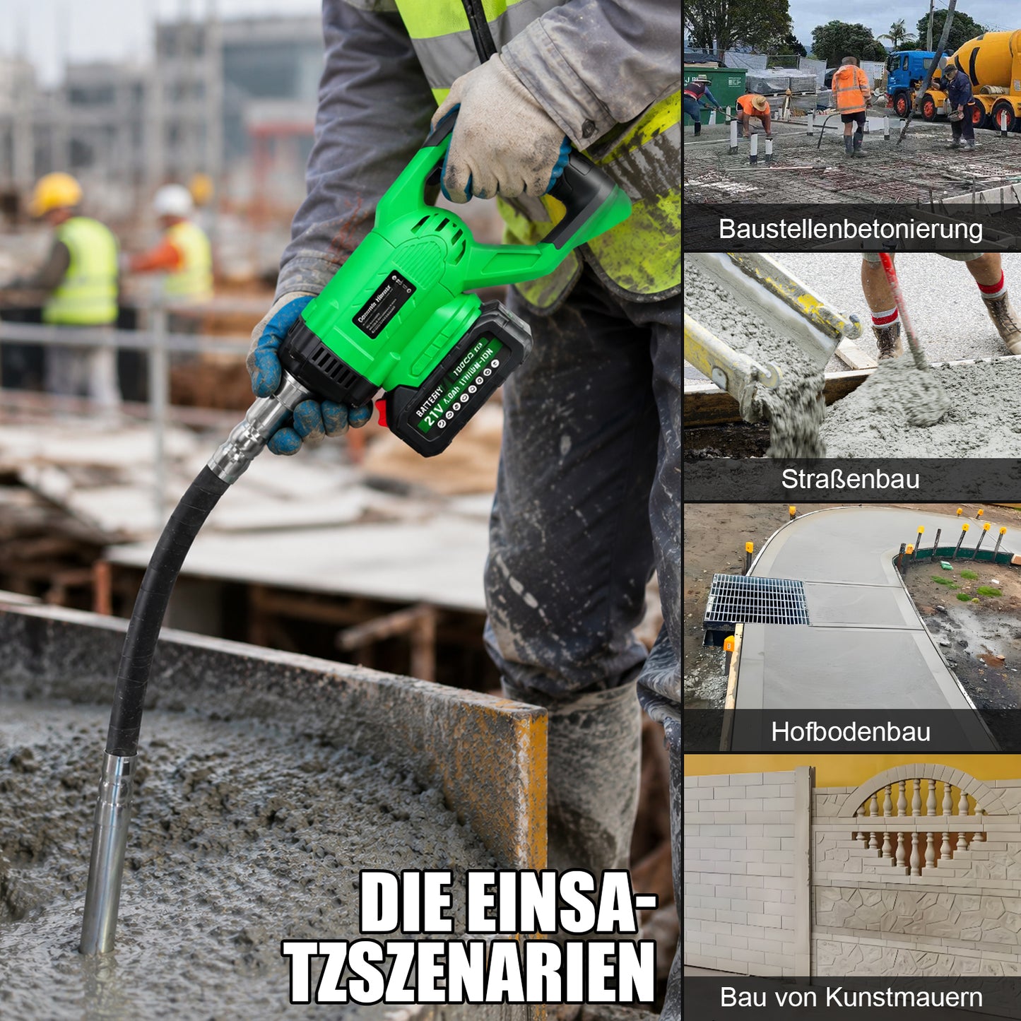 Irondelic Akku-Betonrüttler 18V Set mit 1x Akku | Kabelloser Innenrüttler 6000 U/min | 35mm Flaschenrüttler für Fundamente & Garten - Irondelic