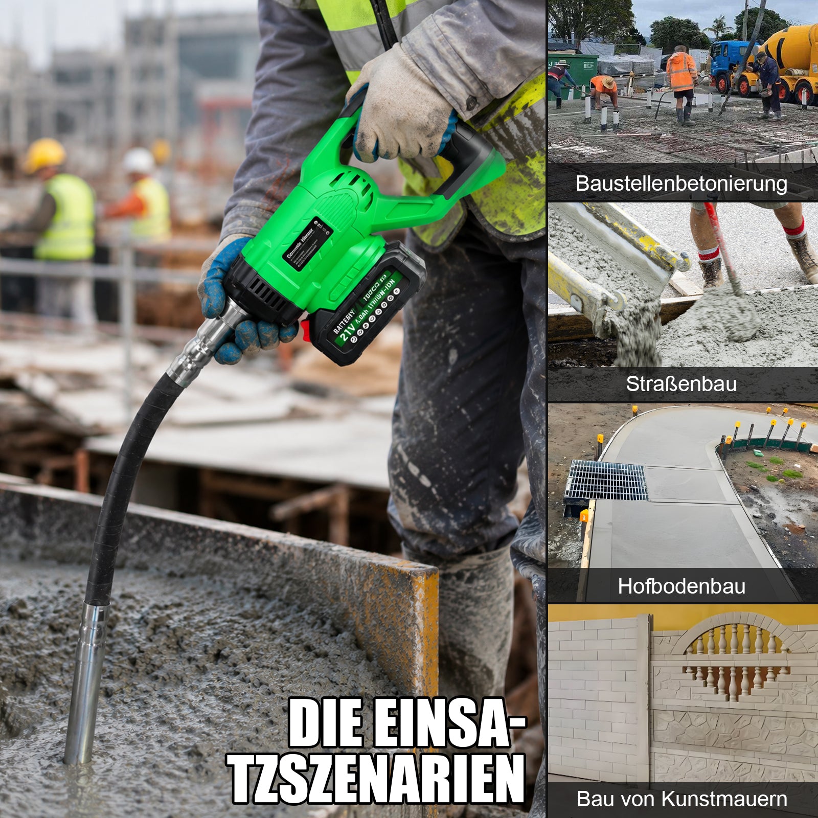 Irondelic Akku-Betonrüttler 18V Set mit 1x Akku | Kabelloser Innenrüttler 6000 U/min | 35mm Flaschenrüttler für Fundamente & Garten - Irondelic
