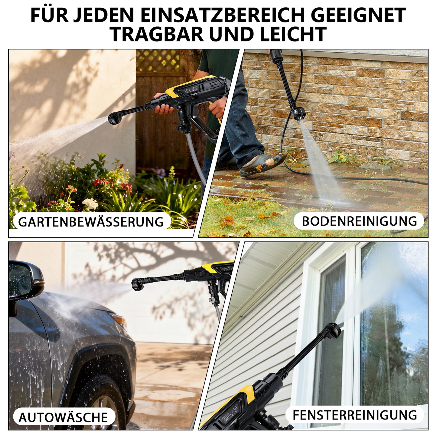 Irondelic Akku-Hochdruckreiniger 21V Set mit 2x 4.0Ah Akkus | 45 bar Tragbare Akku-Waschpistole | 6-in-1 Düse & Selbstansaugend im Koffer - Irondelic