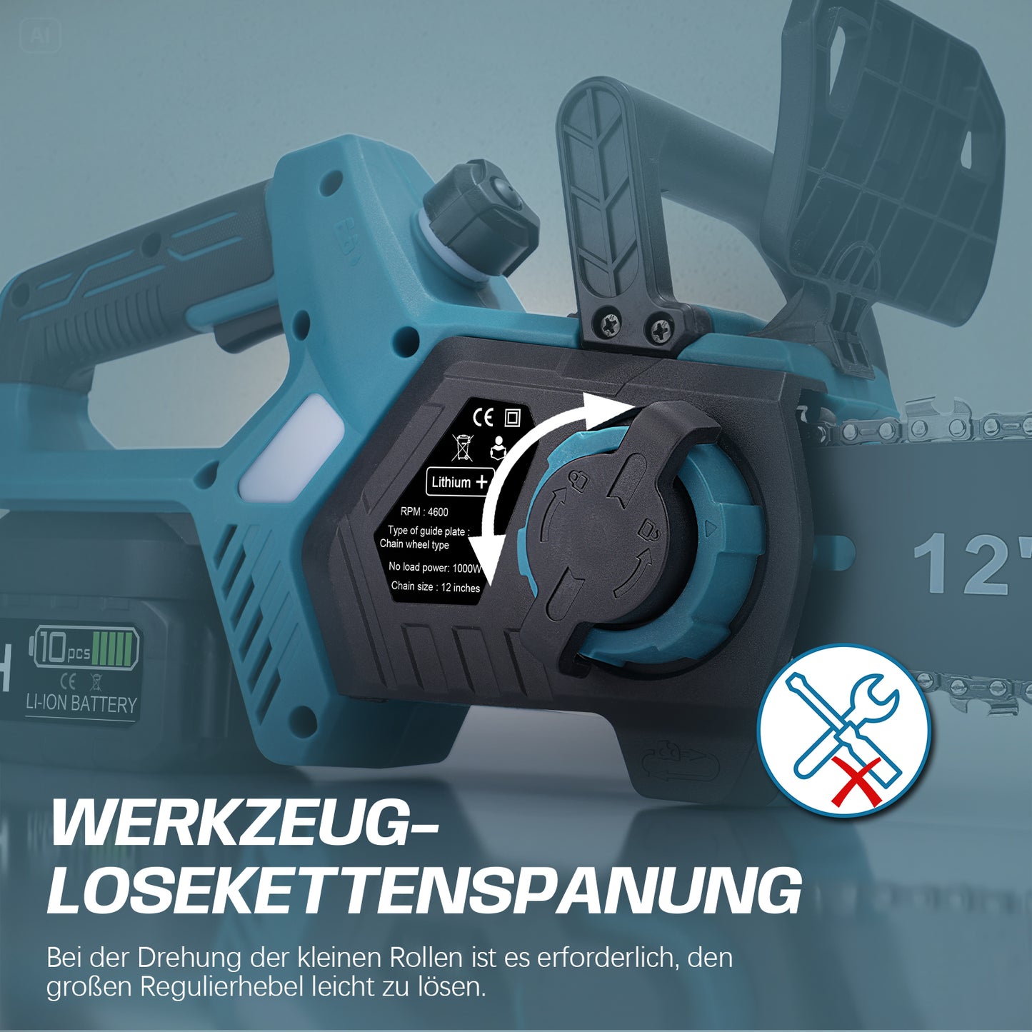 Akku Kettensäge 12 Zoll, 20 m/s, 2x 4Ah Akku, 1000W bürstenlos, automatische Kettenspannung, kabellos, leistungsstark und handlich - Irondelic