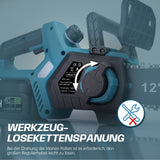 Irondelic Akku Kettensäge 12 Zoll, 20 m/s, 2x 4Ah Akku, 1000W bürstenlos, automatische Kettenspannung, kabellos, leistungsstark und handlich - Irondelic