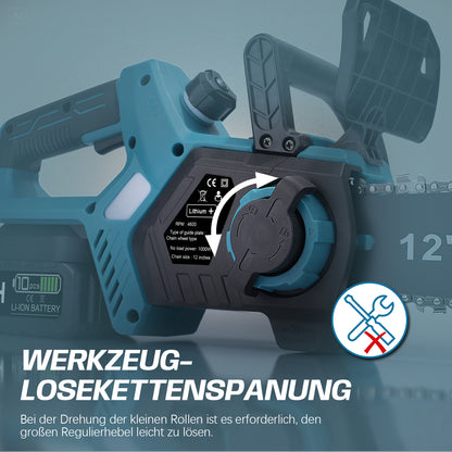 Akku Kettensäge 12 Zoll, 20 m/s, 2x 4Ah Akku, 1000W bürstenlos, automatische Kettenspannung, kabellos, leistungsstark und handlich - Irondelic