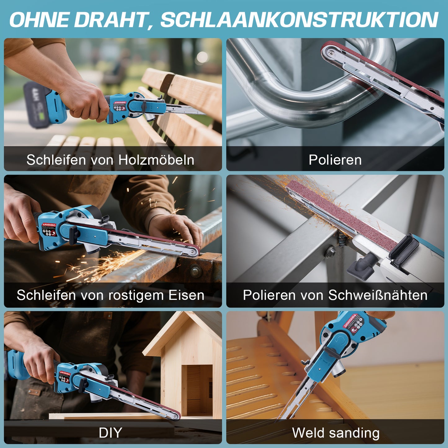 Kabelloser Mini-Bandschleifer mit 6 Geschwindigkeiten, 9/13mm Schleifband, Staubanschluss und 2×2Ah Akku – Präzises Schleifen für Holz und Metall - Irondelic