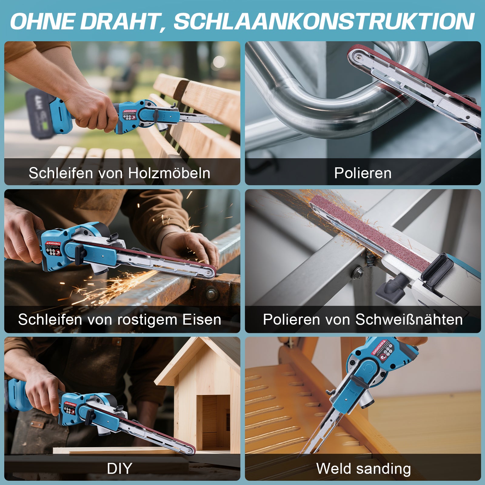Kabelloser Mini-Bandschleifer mit 6 Geschwindigkeiten, 9/13mm Schleifband, Staubanschluss und 2×2Ah Akku – Präzises Schleifen für Holz und Metall - Irondelic
