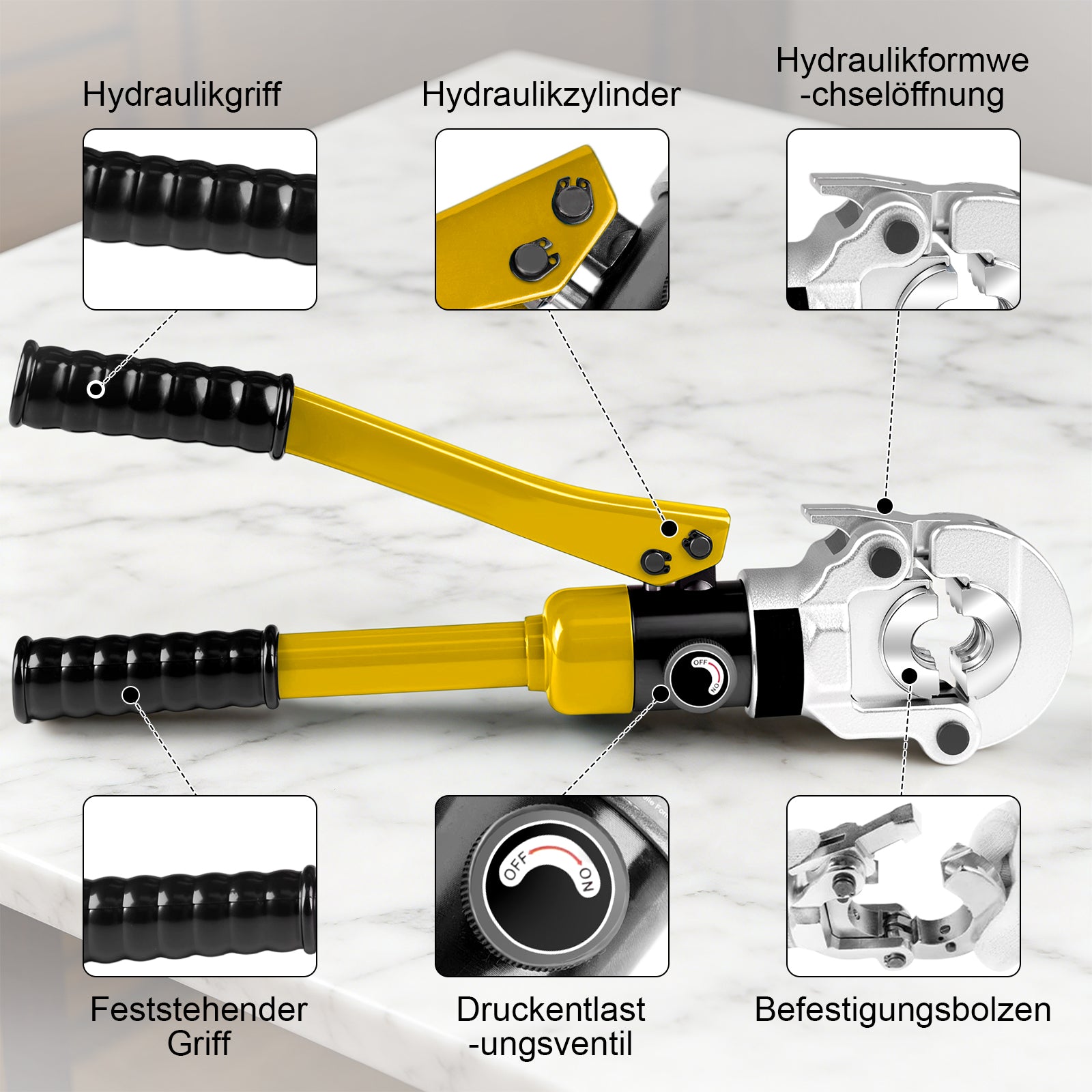 Irondelic 100kN Hydraulische Presszange Set V/TH | Rohrpresszange für Kupfer & PEX Verbundrohr | Profi Presswerkzeug mit Rohrabschneider im Koffer - Irondelic