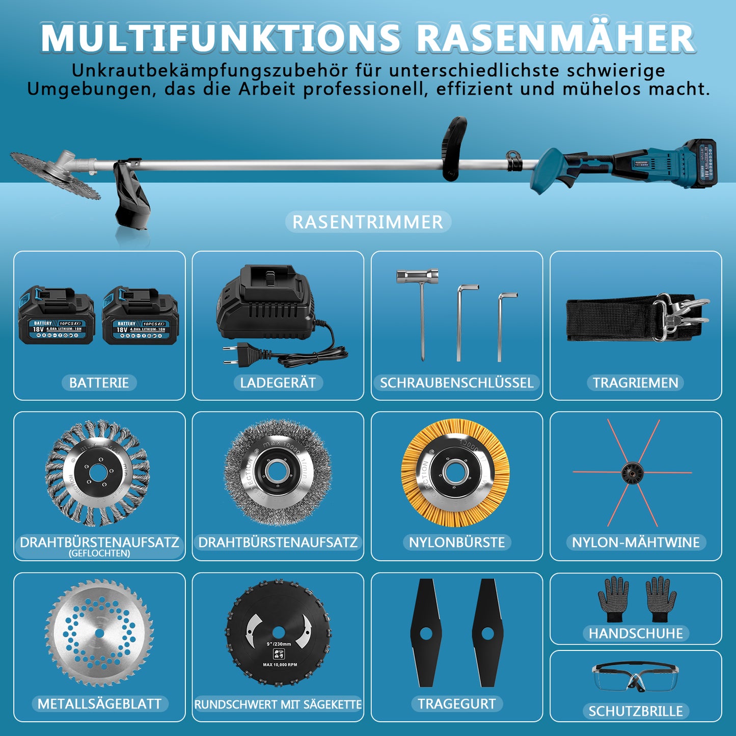 Akku Freischneider 18V 1380W mit 2 Akkus – Bürstenlose Motorsense, Kompatibler Rasentrimmer, Multifunktionaler Unkrautentferner mit Sägeblatt & Messer - Irondelic