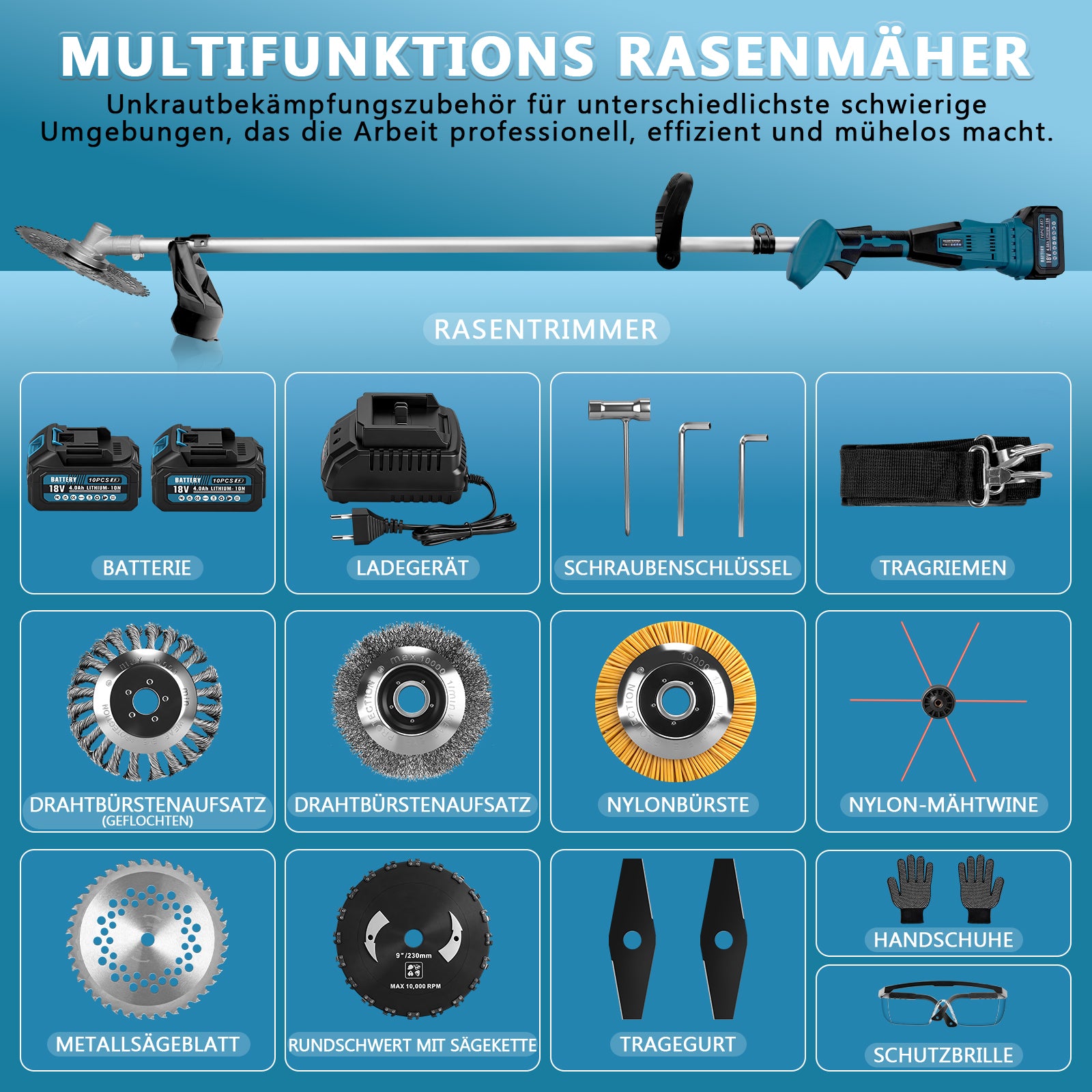 Akku Freischneider 18V 1380W mit 2 Akkus – Bürstenlose Motorsense, Kompatibler Rasentrimmer, Multifunktionaler Unkrautentferner mit Sägeblatt & Messer - Irondelic