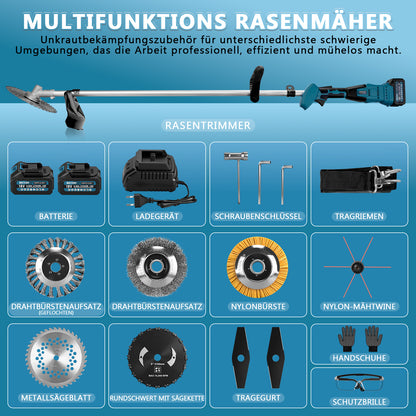 Akku Freischneider 18V 1380W mit 2 Akkus – Bürstenlose Motorsense, Kompatibler Rasentrimmer, Multifunktionaler Unkrautentferner mit Sägeblatt & Messer - Irondelic