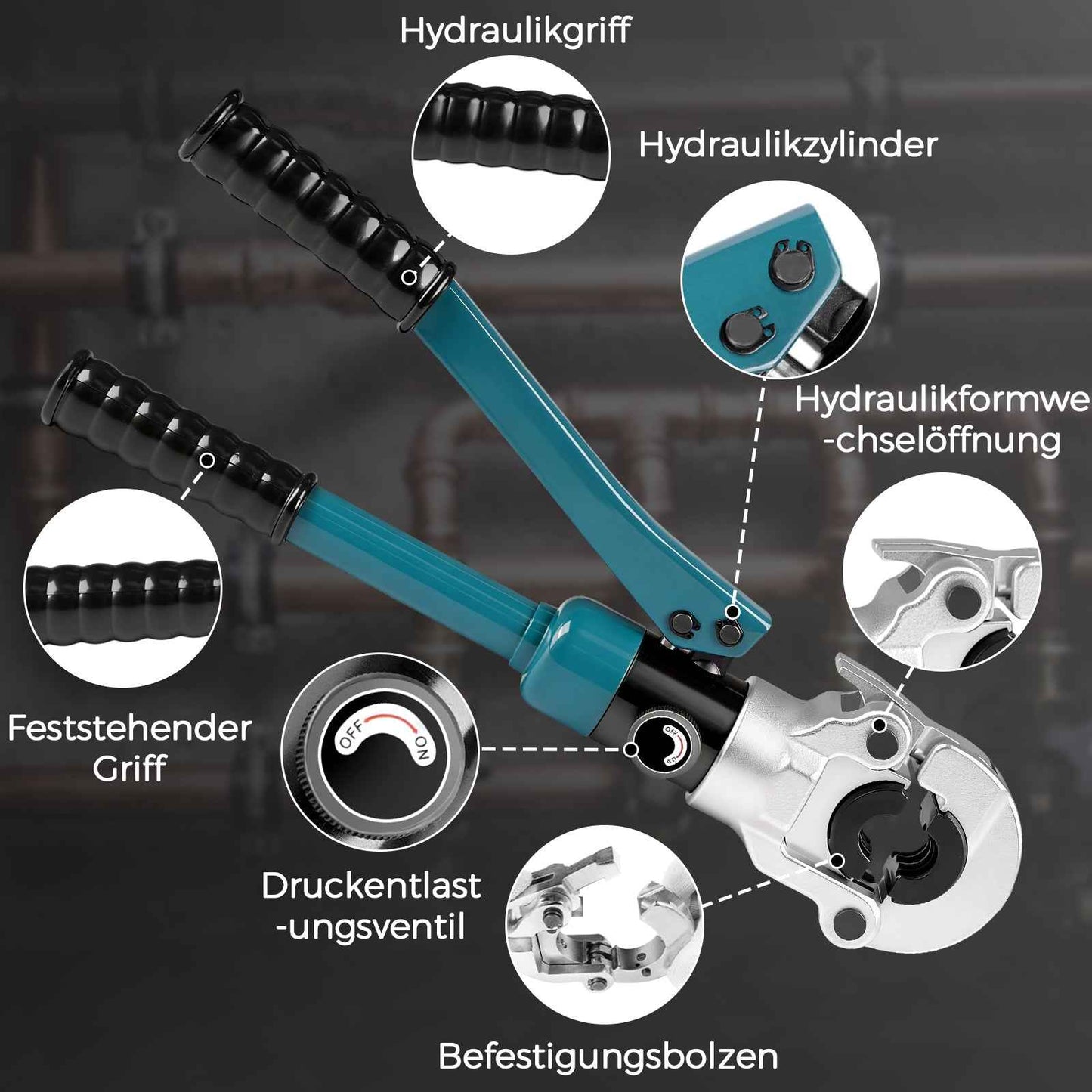 Hydraulische Presszange 100kN Set V Kontur 12-28 mm Rohrpresszange für Kupfer Edelstahl inkl Pressbacken Rohrschneider