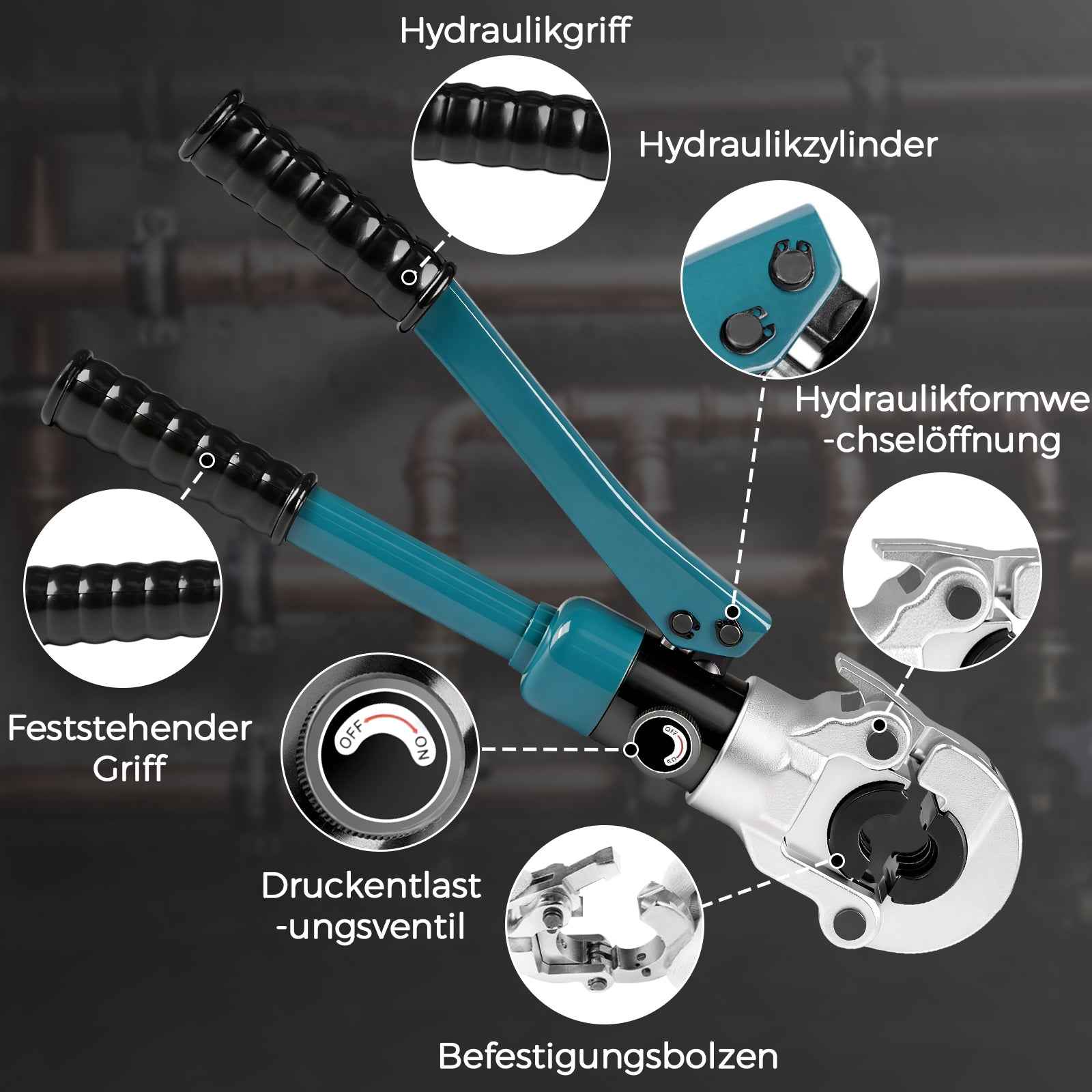 Hydraulische Presszange 100kN Set V Kontur 12-28 mm Rohrpresszange für Kupfer Edelstahl inkl Pressbacken Rohrschneider