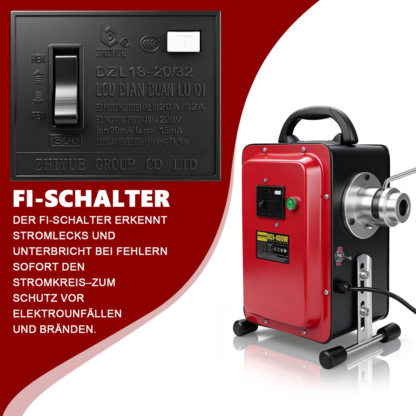 Irondelic 400W Elektrische Rohrreinigungsmaschine Set | Profi Abflussreiniger mit FI-Schutzschalter | Universal Rohrreiniger für Rohre Ø20-100mm