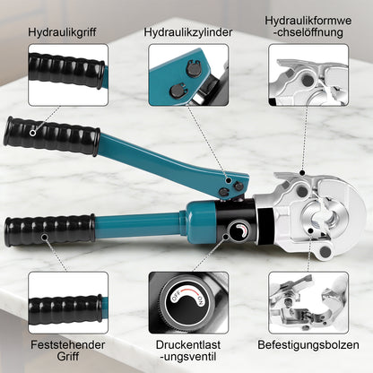 Irondelic 100kN Hydraulische Rohrpresszange Set | V- & TH-Kontur Presszange für Kupfer & PEX | Profi Presswerkzeug mit Rohrabschneider im Koffer