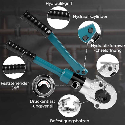 Hydraulische Presszange 100kN Set V TH Kontur 12-32 mm Rohrpresszange für Kupfer Edelstahl PEX inkl Pressbacken Rohrschneider