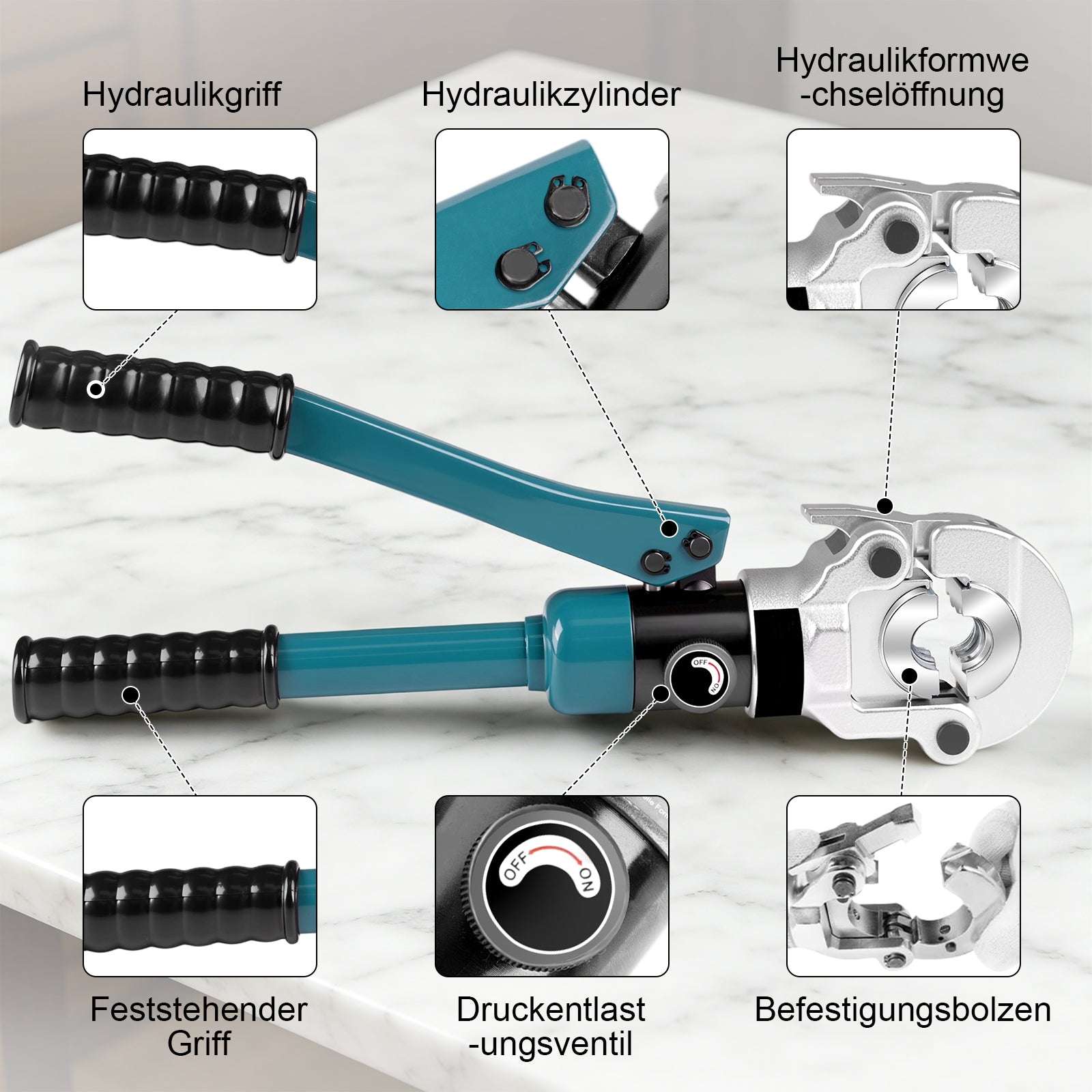 Irondelic 100kN Hydraulische Rohrpresszange Set | V-Kontur Presszange für Kupfer & Edelstahl | Profi Presswerkzeug mit Rohrabschneider im Koffer - Irondelic