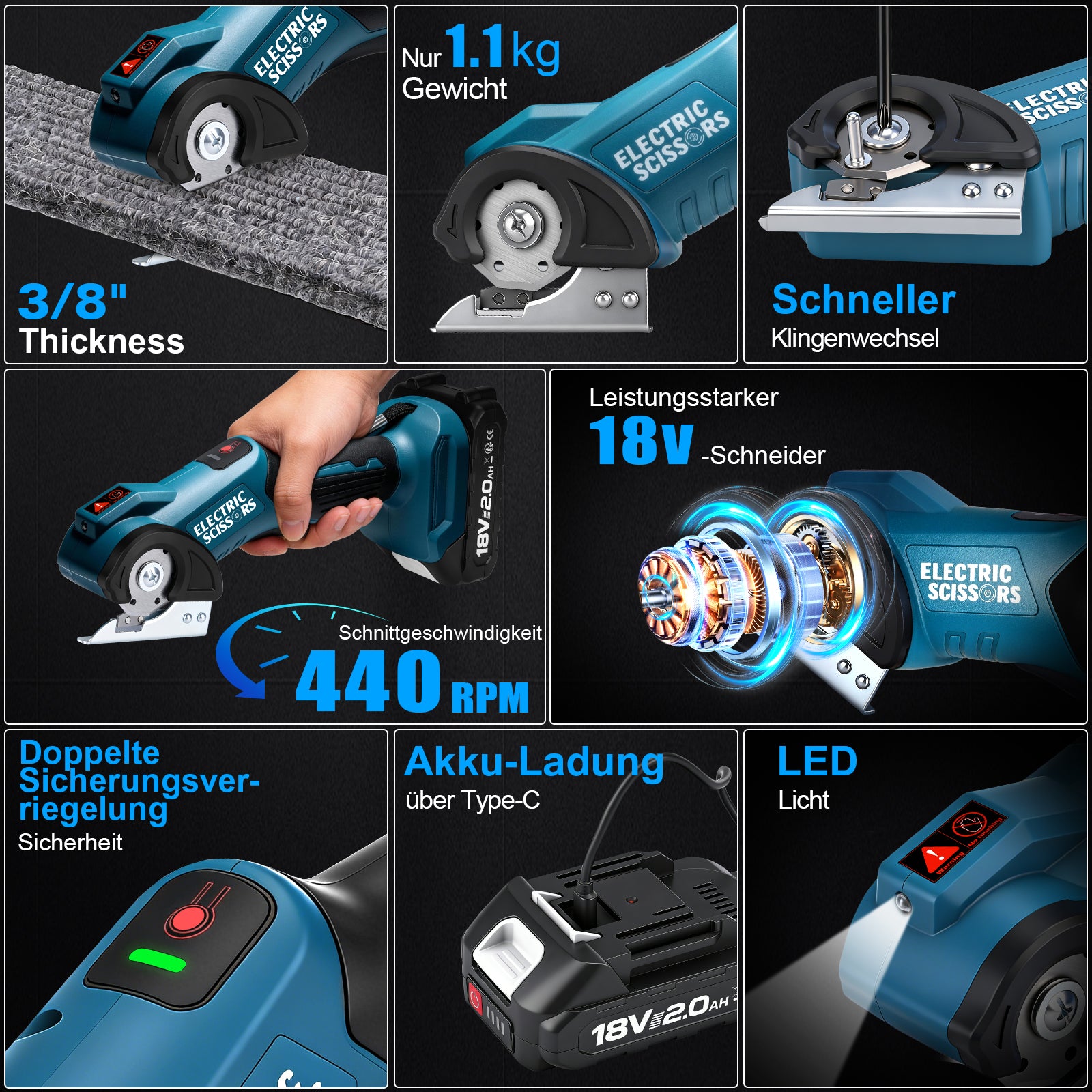 18V Akku Elektroschere 2Ah mit USB-C, bürstenlos 440 U/min, 9 mm Schnittkapazität, LED, kompatibel mit 18V Akkus - Irondelic