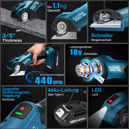 18V Akku Elektroschere 2Ah mit USB-C, bürstenlos 440 U/min, 9 mm Schnittkapazität, LED, kompatibel mit 18V Akkus - Irondelic