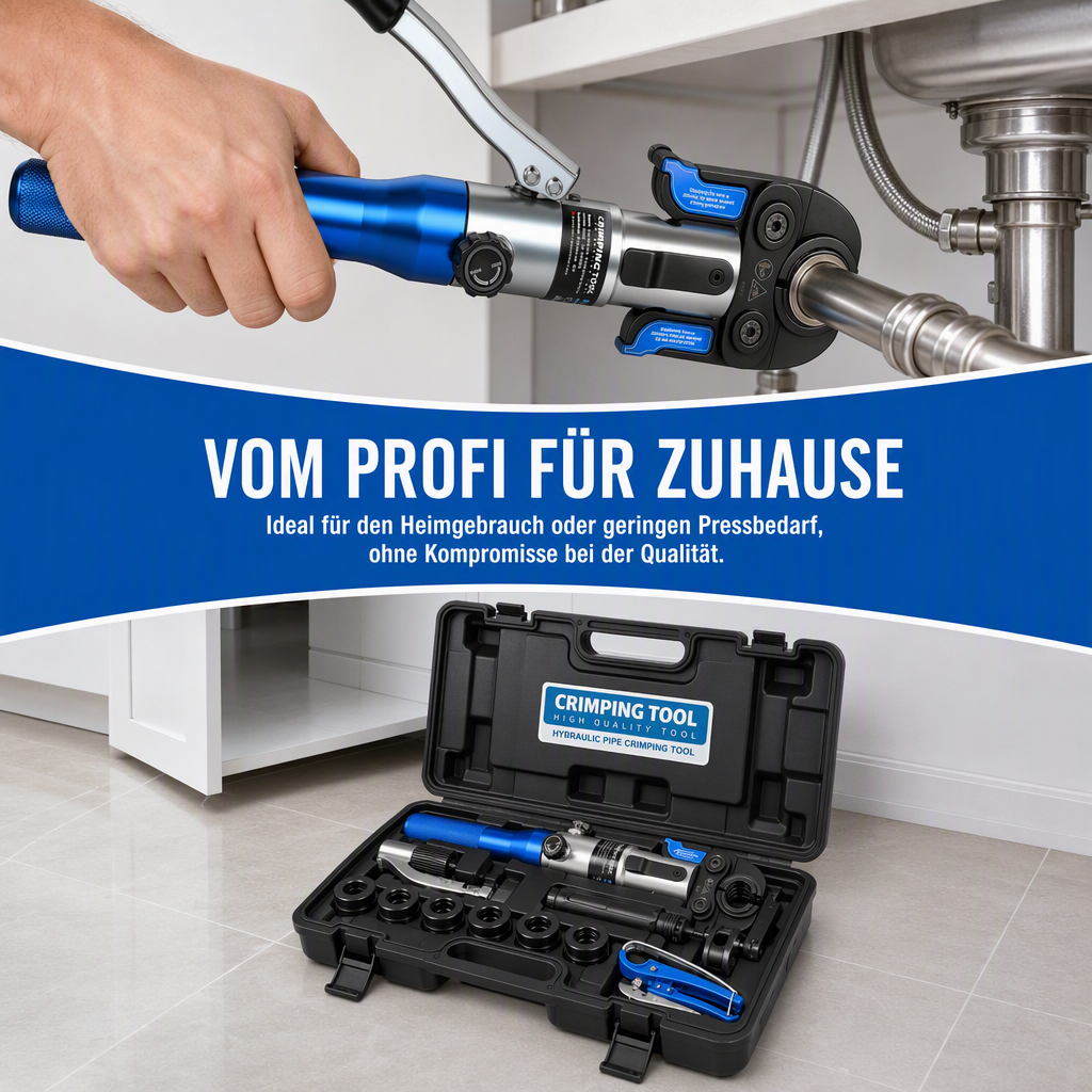 Irondelic Hydraulische Rohrpresszange 80 kN, V- & TH-Kontur 12–32 mm, 9 Pressbacken, Presszangen-Set