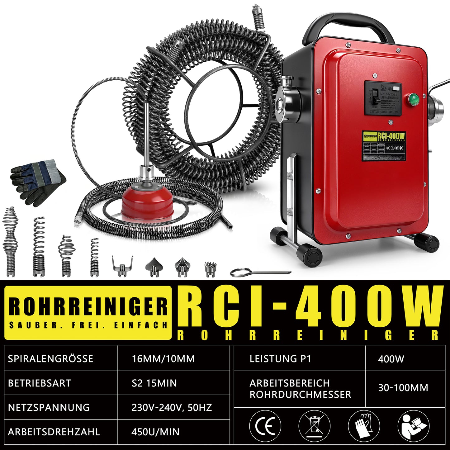 Irondelic 400W Elektrische Rohrreinigungsmaschine Set | Profi Abflussreiniger mit FI-Schutzschalter | Universal Rohrreiniger für Rohre Ø20-100mm